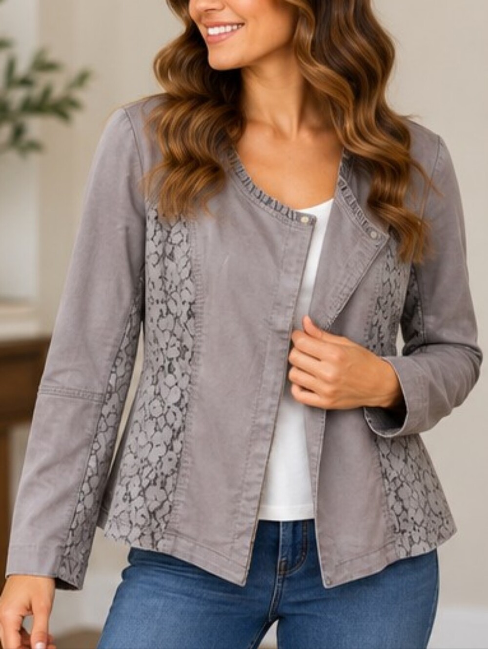 Maurices Large Gray Lace Inset Asymmetrical Moto Jacket